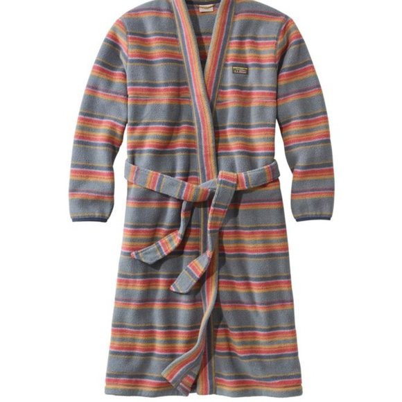 NWT LL Bean Katahdin Blue Orange Striped Fleece Robe Men's / Unisex Medium - Picture 2 of 5
